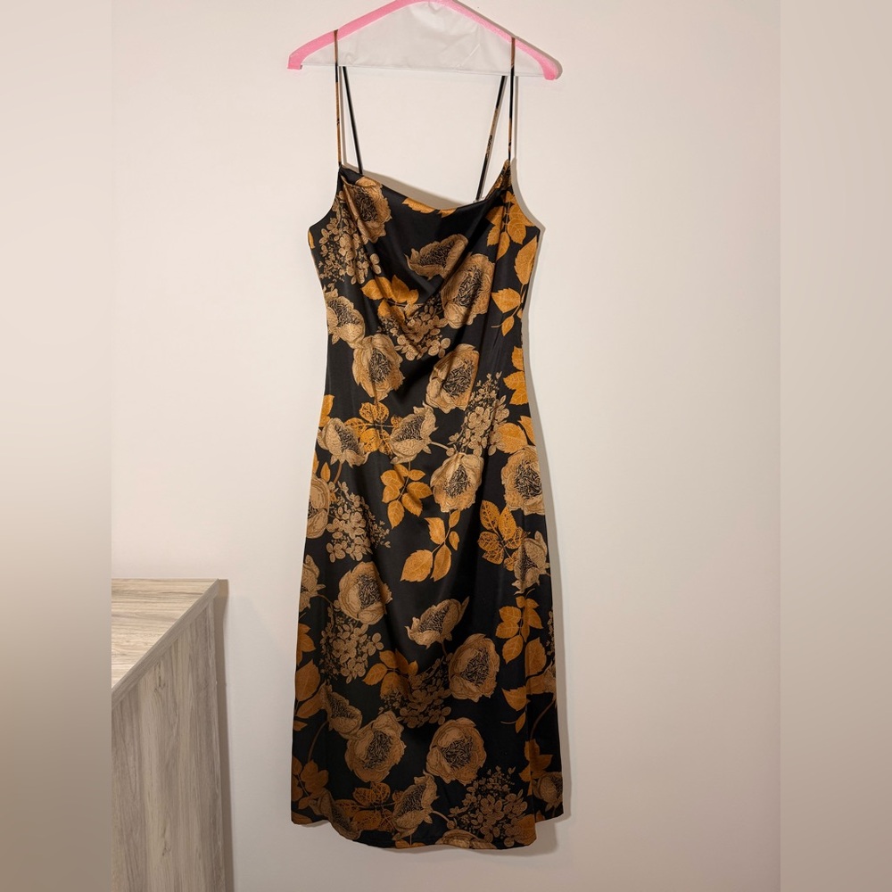 Lulu's Black Midi Dress with Mustard Floral Print